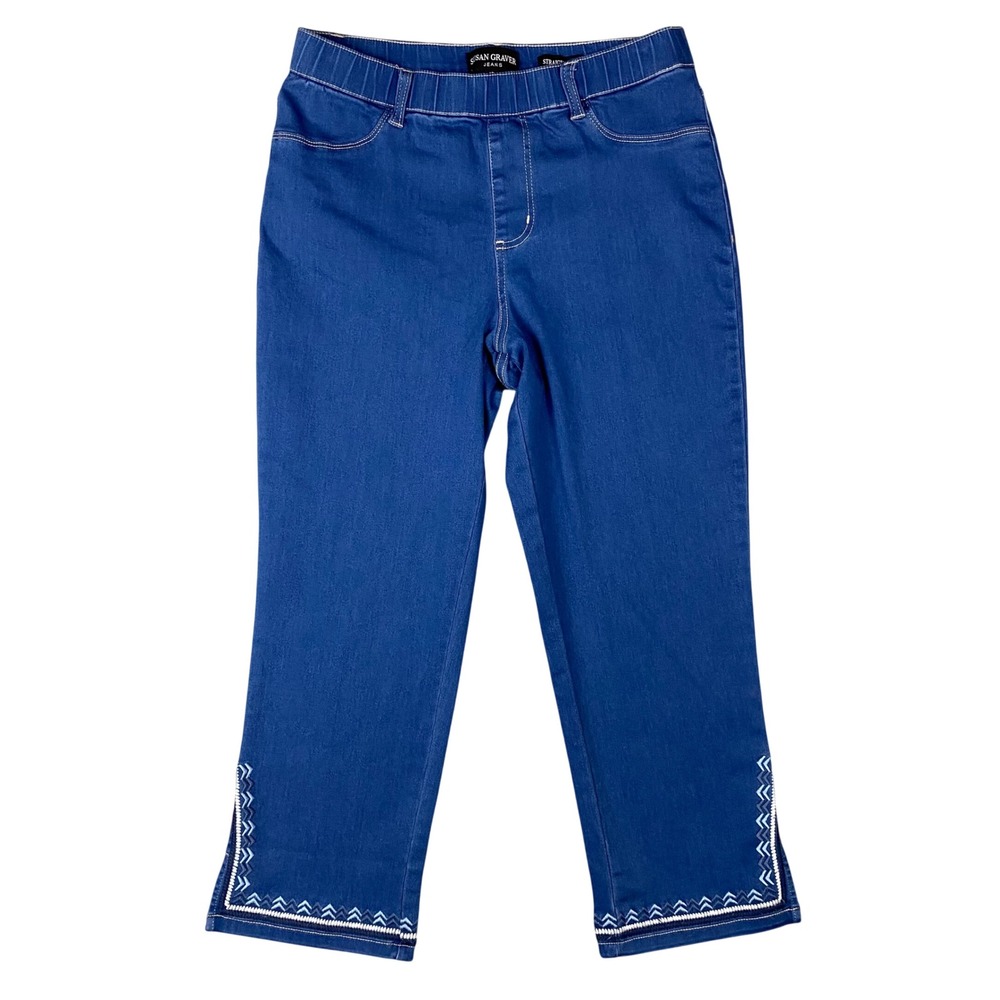 Susan Graver Embroidered Hem Straight Leg Jeans Womens 4P Petite